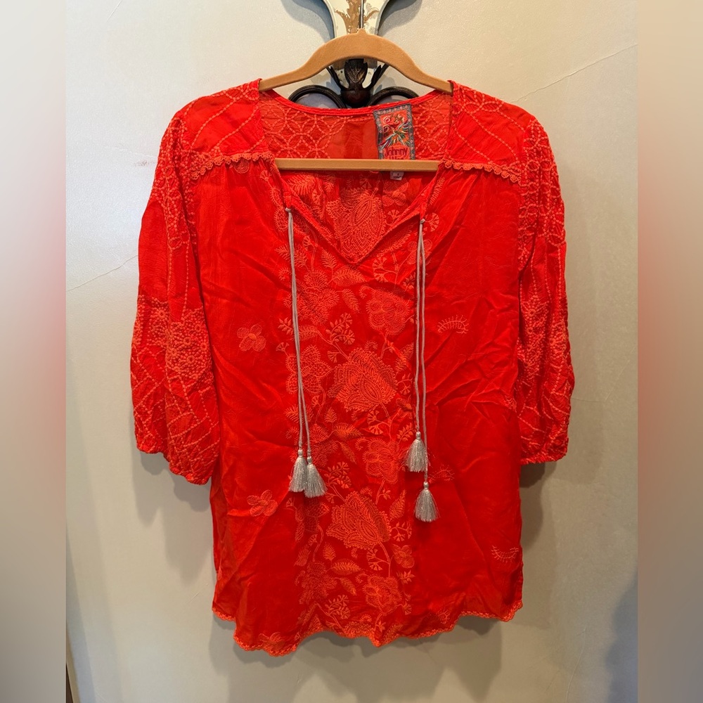 Johnny Was Bright Orange Embroidered Blouse